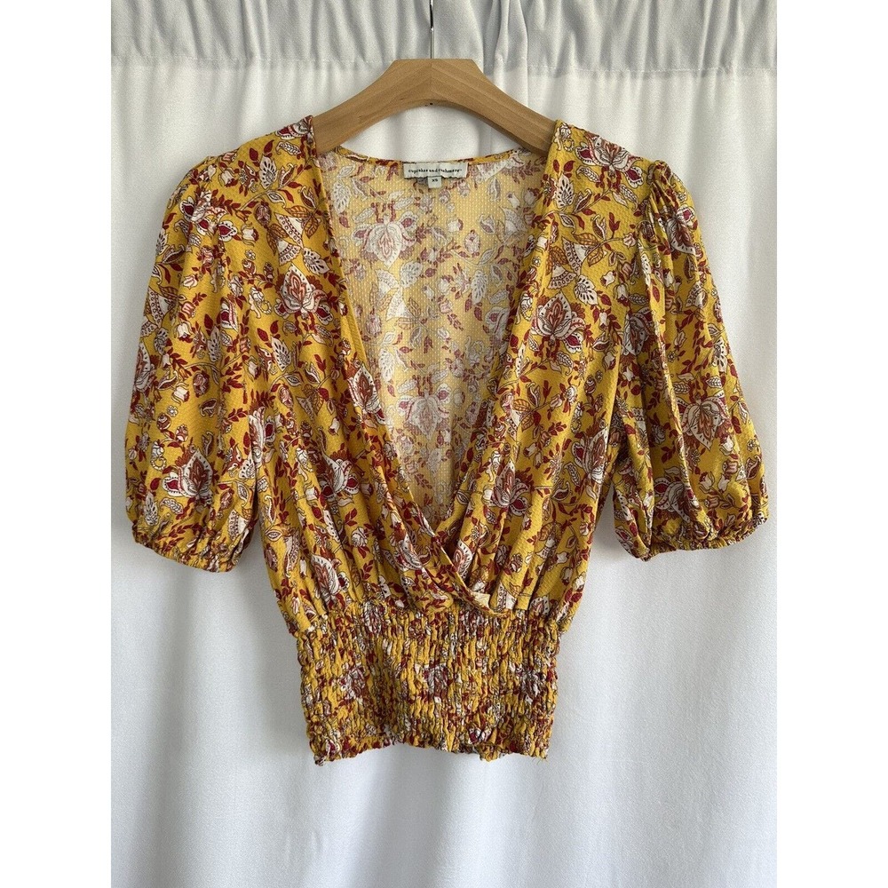 Cupcakes and Cashmere Smocked Floral Blouse Top Size XS Balloon Sleeve Yellow